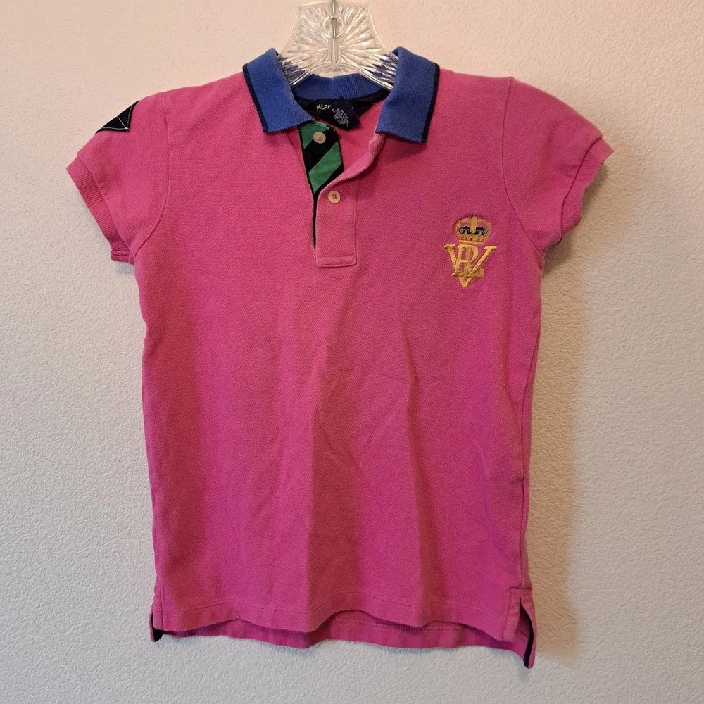 Ralph Lauren Girls Pink Polo Shirt Blue Collar Crown Monogram Size 6X